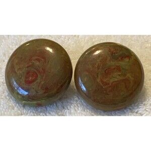 Vintage Bakelite Button Clip On Earrings 1" Marbled Brown Green Red Swirl Tested